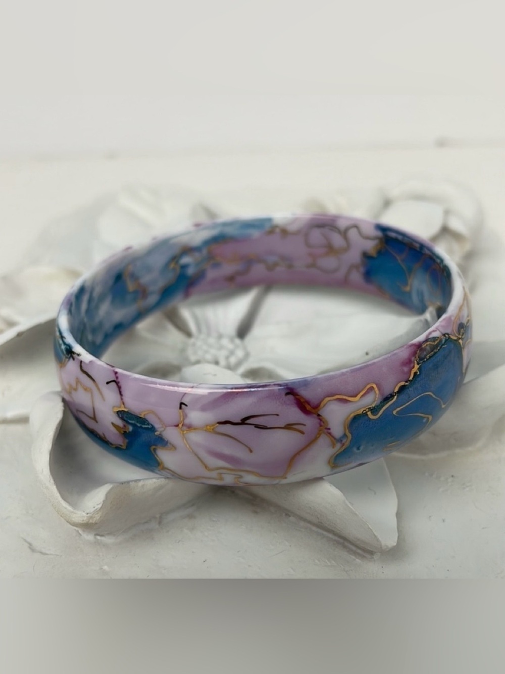 Porcelain Artisan Signed Bangle Abstract Leafs Blue Pink & Gold